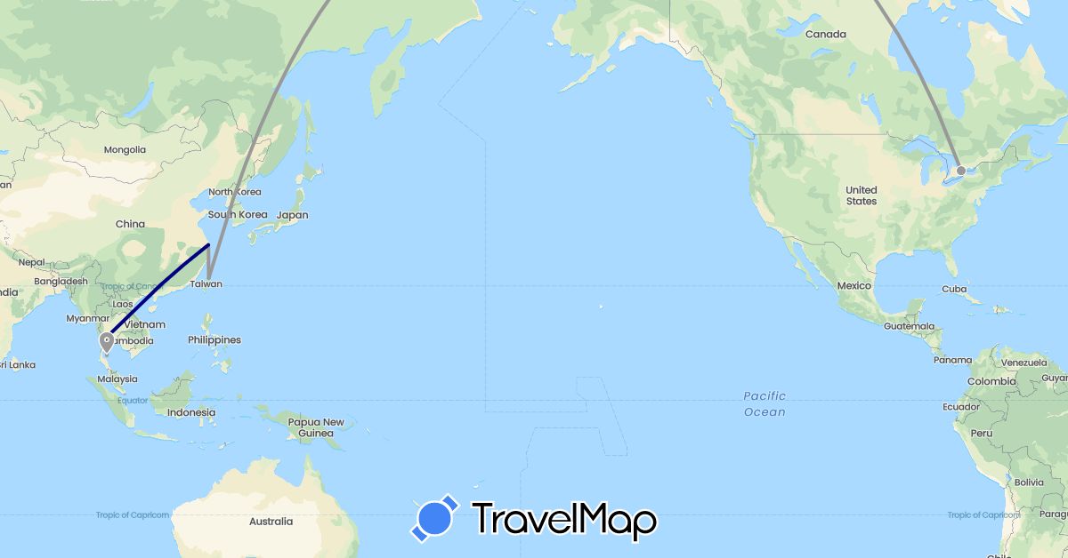 TravelMap itinerary: driving, plane in Canada, China, Thailand, Taiwan (Asia, North America)